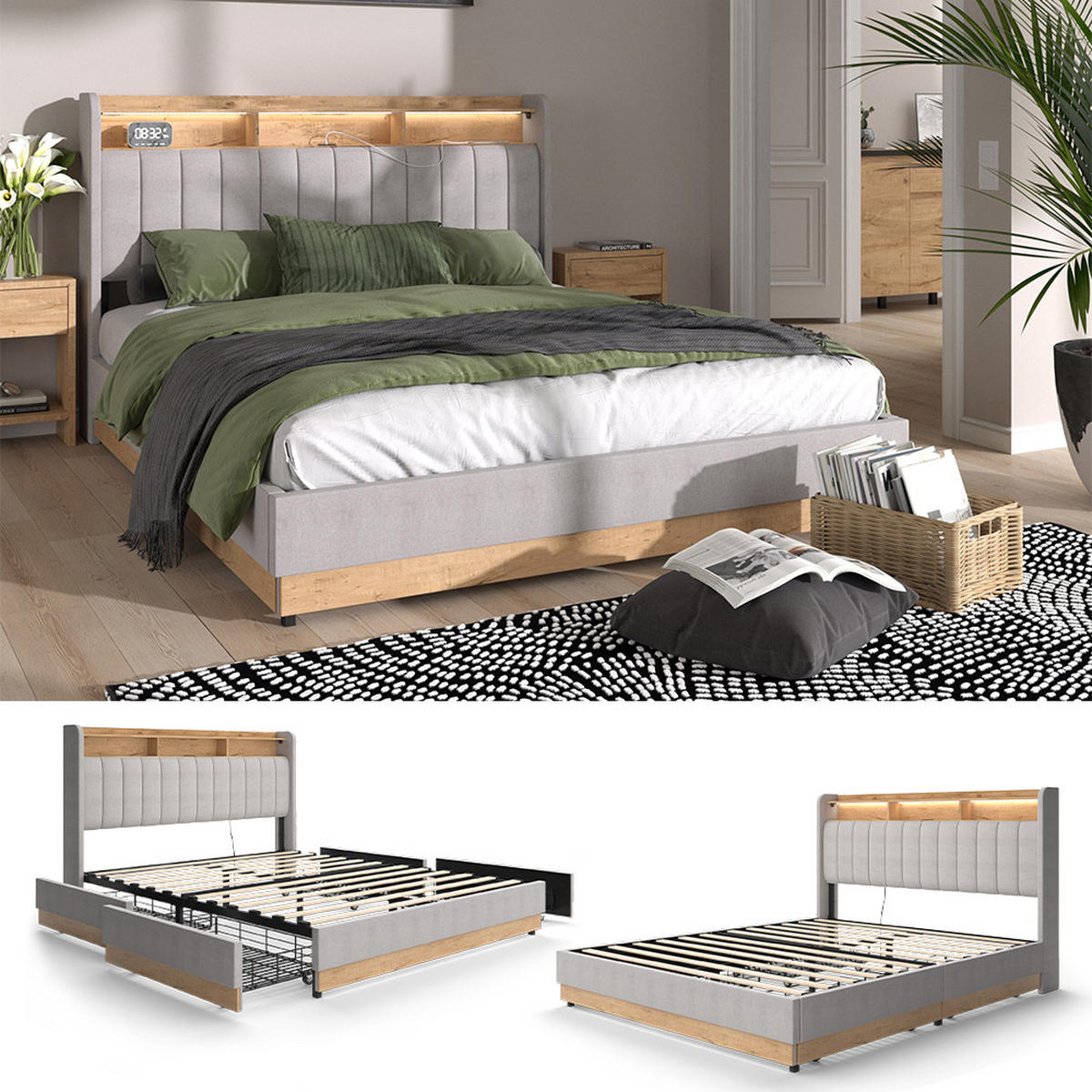 POLSTERBETT Nura Grau 160x200 cm mit 4 Schubladen - Grau, Holzwerkstoff - VitaliSpa