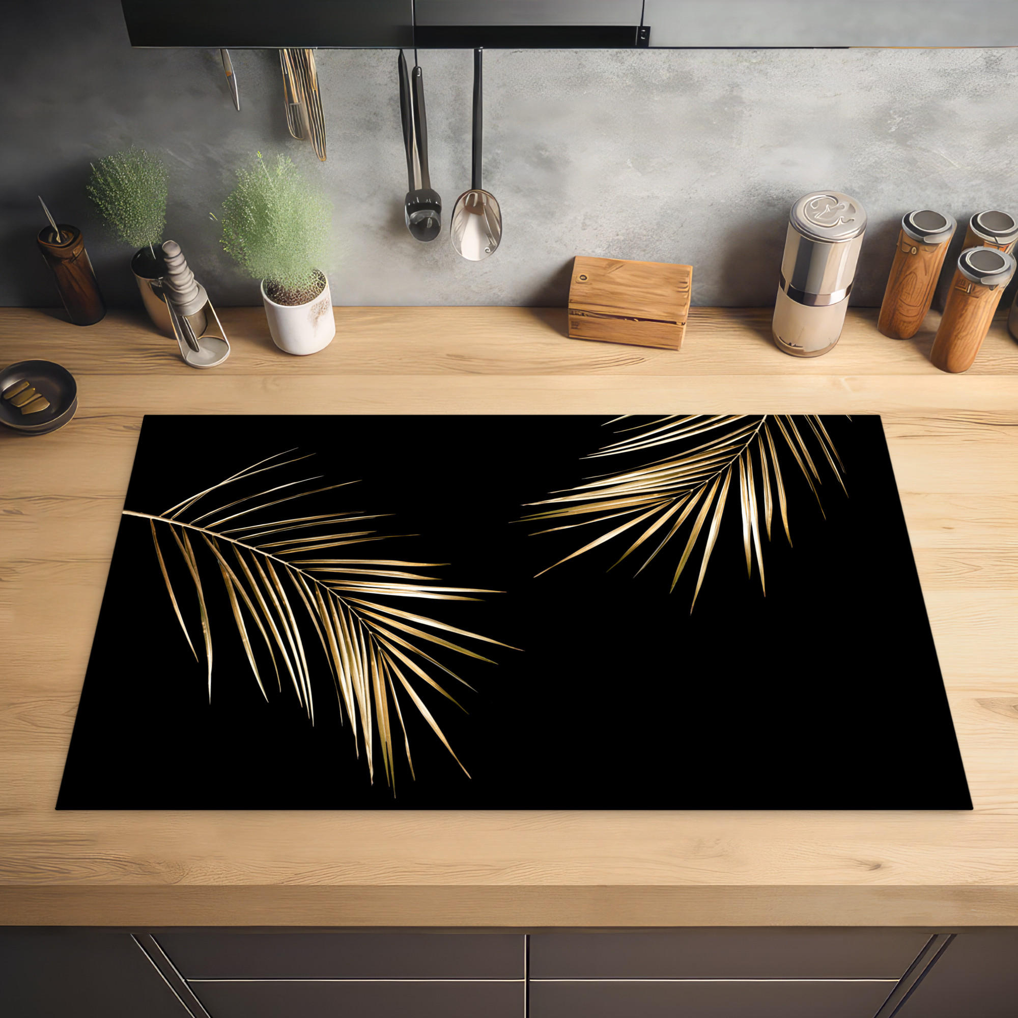 HERDABDECKPLATTE Blätter - Pflanzen - Gold - Schwarz - Luxus 85x52 cm - Goldfarben, Kunststoff (85/0.2/52cm) - MuchoWow