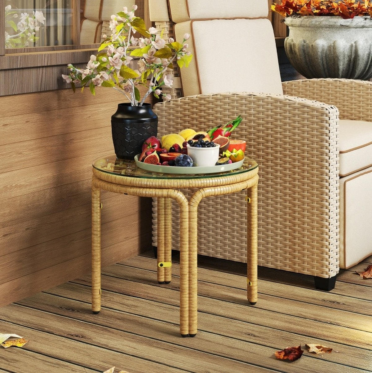 GARTENTISCH aus Rattan Ø50 x 44 cm Gelb mit Sicherheitsglasplatte - Gelb, Glas (50/50/44cm) - Modfu