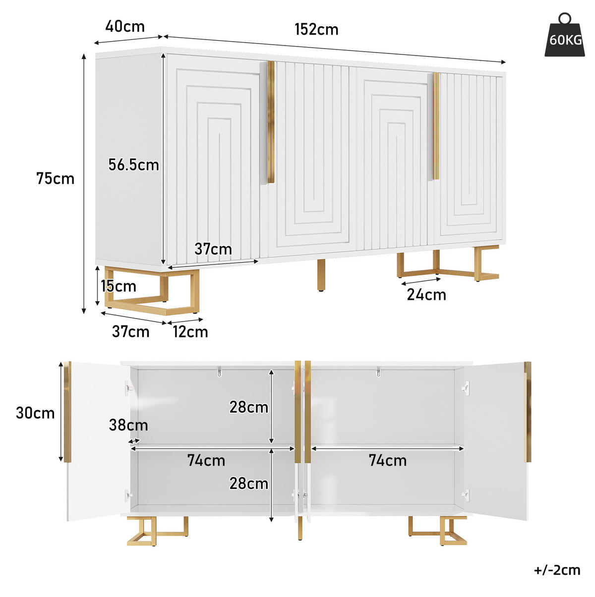 SIDEBOARD 152/40/75 cm mit 2 Türen, 4 Fächern und Kippschutz, MDF, Weiß - Weiß, Holzwerkstoff (152/75/40cm) - Redom