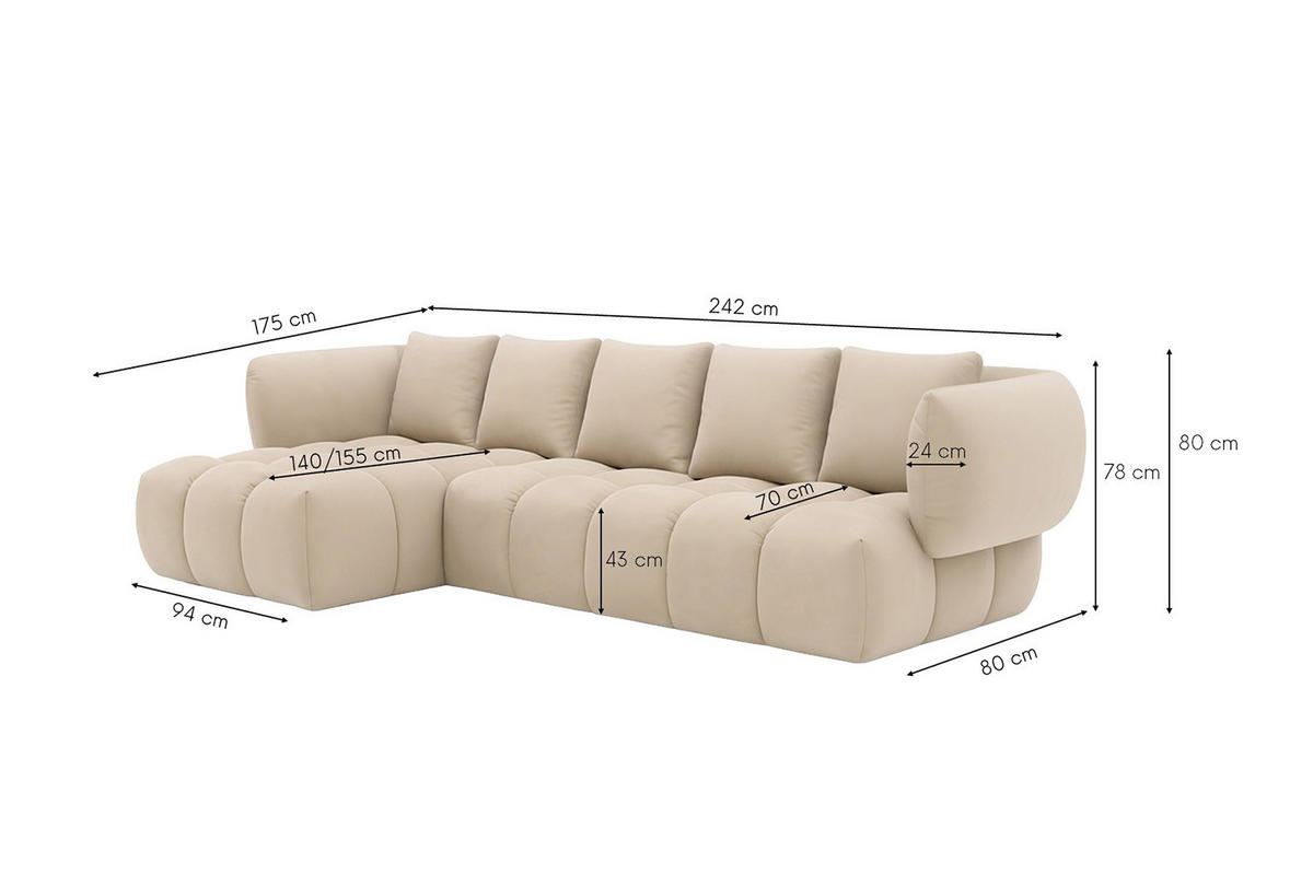 ECKSOFA L-Form, Veloursstoff Bluvel, Creme, Links, SEVIO L - Creme, Holz (242/175cm) - Kaiser Möbel