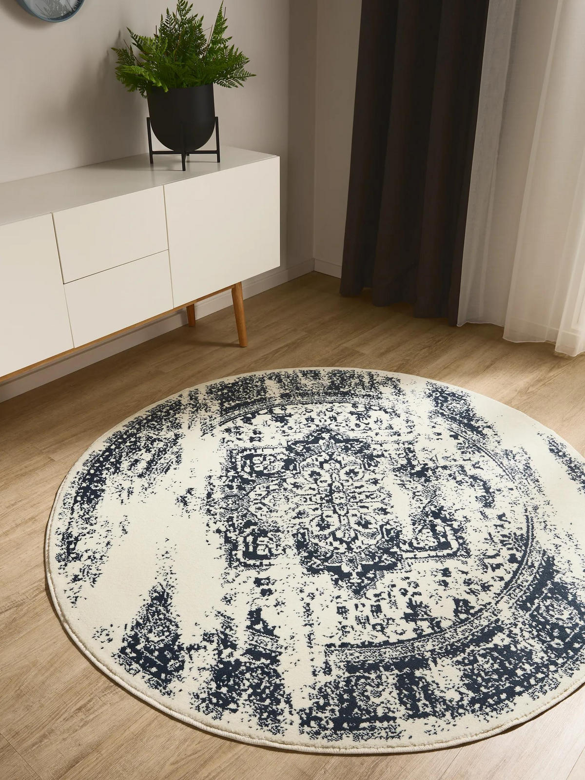VINTAGE-TEPPICH Suki ø 160 cm rund - Blau/Creme, Kunststoff (160/160cm) - benuta