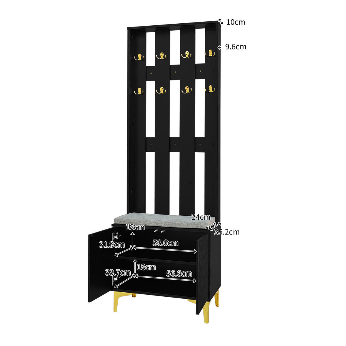 GARDEROBENSET Schwarz mit Schuhschrank, Sitzkissen und Haken für Flur - Schwarz, Holz (60/180/35cm) - PARAFTA HOME