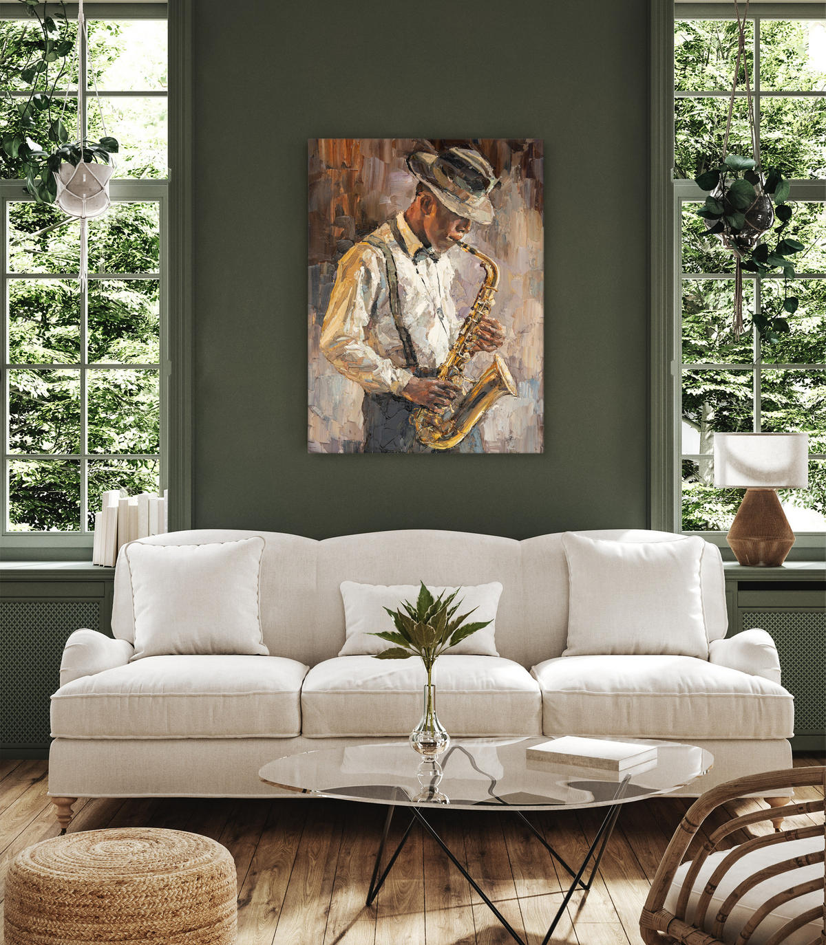 LEINWANDBILD Saxophonist Malerei Retro Stil 80/120 cm - Beige/Schwarz, Textil (80/120cm) - Muralo