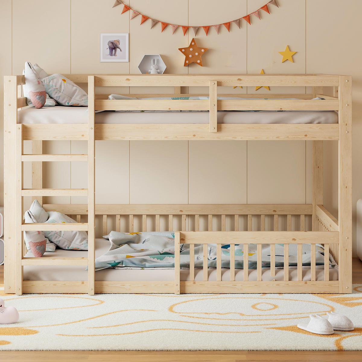 ETAGENBETT 160/200 cm in Natural mit Schutzgittern und hoher Belastbarkeit aus MDF und Kiefer - Naturfarben, Holzwerkstoff - STILVORA