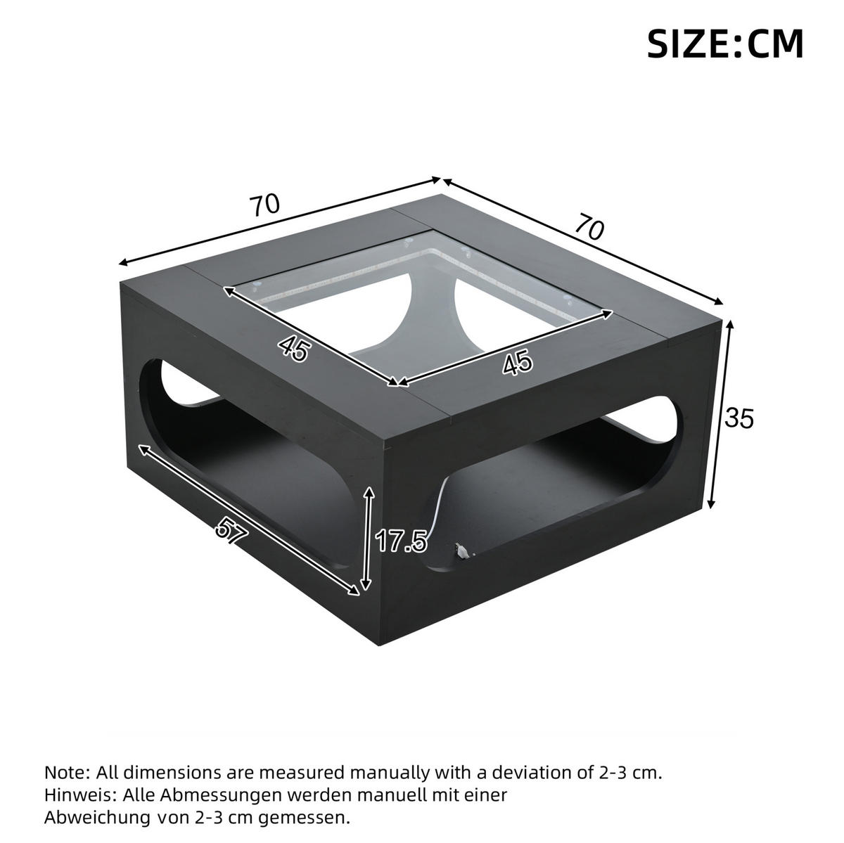 COUCHTISCH 70/70/35 cm schwarz aus MDF mit Glasplatte und LED-Beleuchtung - Schwarz, Holzwerkstoff (70/70/35cm) - OKMYHOME