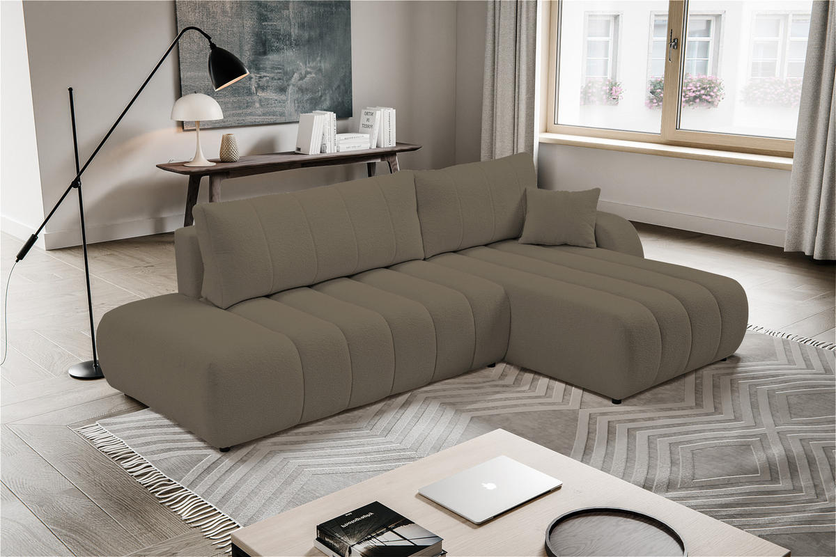 ECKSOFA Baloo mit Schlaffunktion und Bettkasten, komfortable Polsterung, Stoffbezug, lose Rückenkissen, freistehend, RECHTS, 276x176x88cm Light brown - Hellbraun, Holz/Textil (276/176cm) - DomoHome