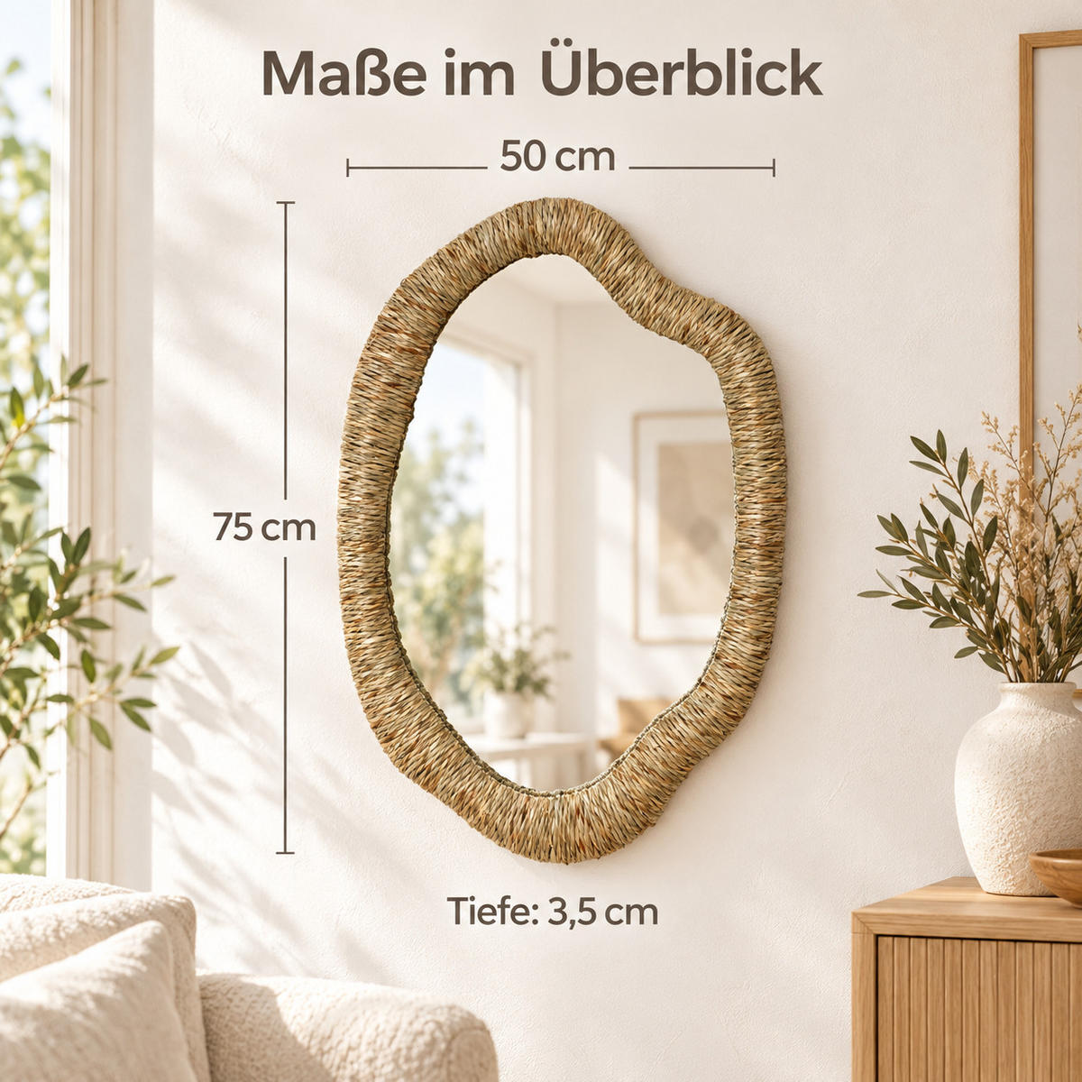 SEEGRAS-WANDSPIEGEL 75×50 cm, organische Form für Wohnzimmer,Flur - Dunkelgelb, Naturmaterialien (3.5/75/50cm) - Hometopia