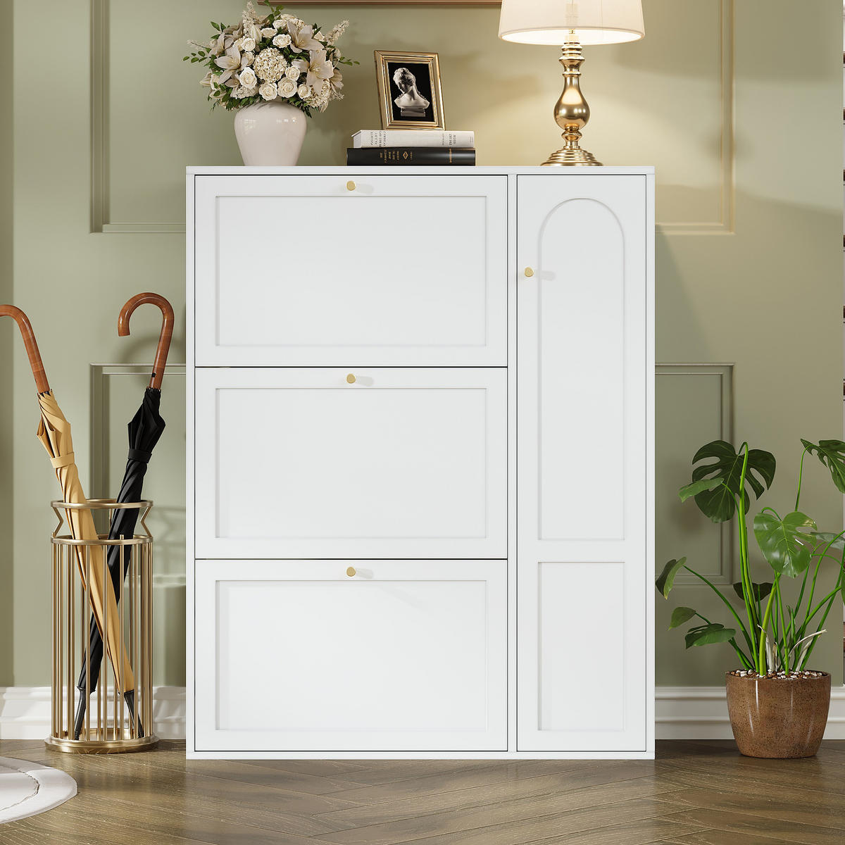 SCHUHSCHRANK Weiß 3 Klappen 1 Tür schmal 90x25x114cm - Weiß, Holzwerkstoff (25/114/90cm) - FLIEKS