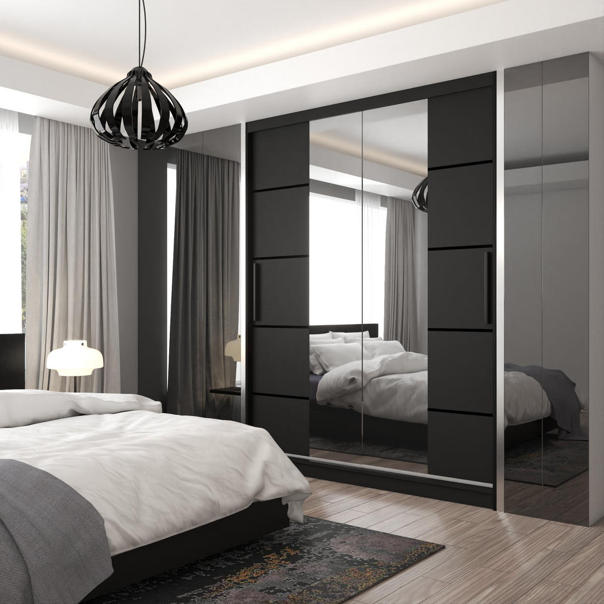 SCHWEBETÜRENSCHRANK Verona ME, Schwarz Matt, 158 cm, mit Spiegel & Schubladen - Schwarz, Holz (158/216/60cm) - B BELINI GROUP