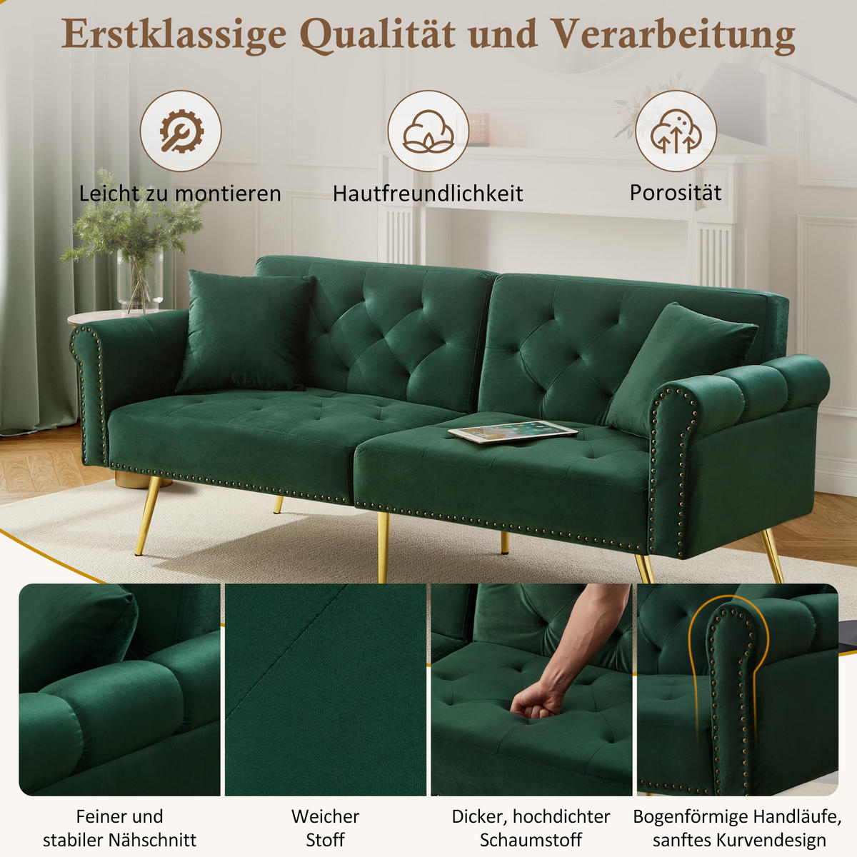 SCHLAFSOFA 2-Sitzer Samt mit 3-stufig verstellbarer Rückenlehne Antikgrün 173/75/70 cm - Grün, Textil (70/173/75cm) - Redom