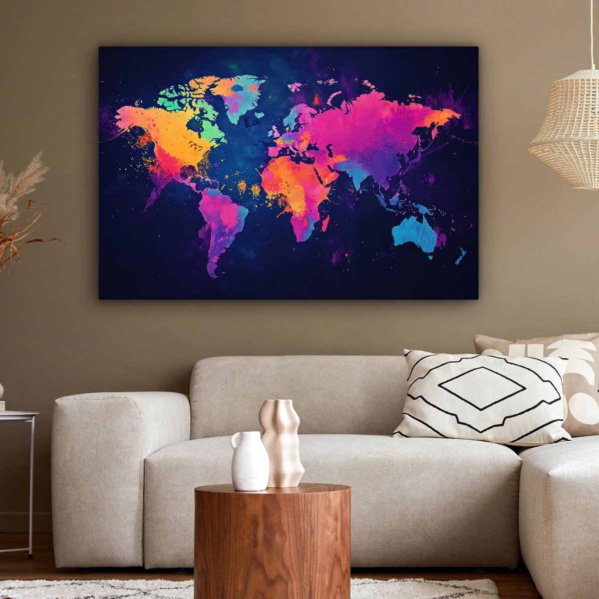 LEINWANDBILD Weltkarte - Bunt - Graffiti XXL 150x100 cm - Multicolor, Textil (150/100cm) - MuchoWow