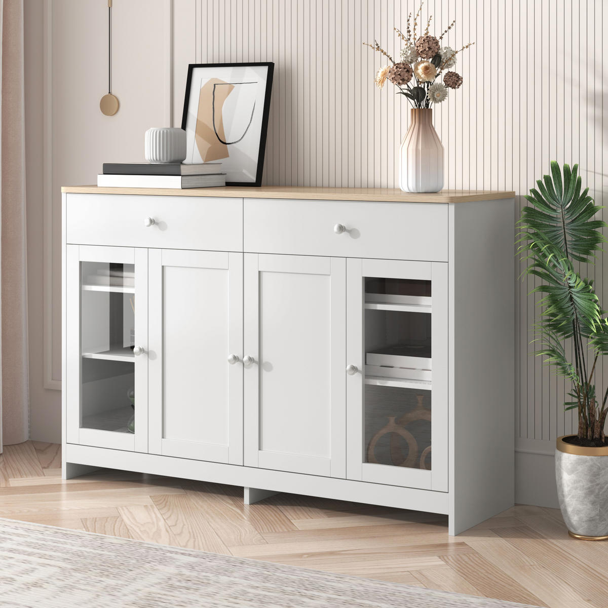 SIDEBOARD mit zwei Schubladen weiß-holzfarben 120×37×80 cm aus MDF - Weiß, Holzwerkstoff (120/80/37cm) - Luhomfu