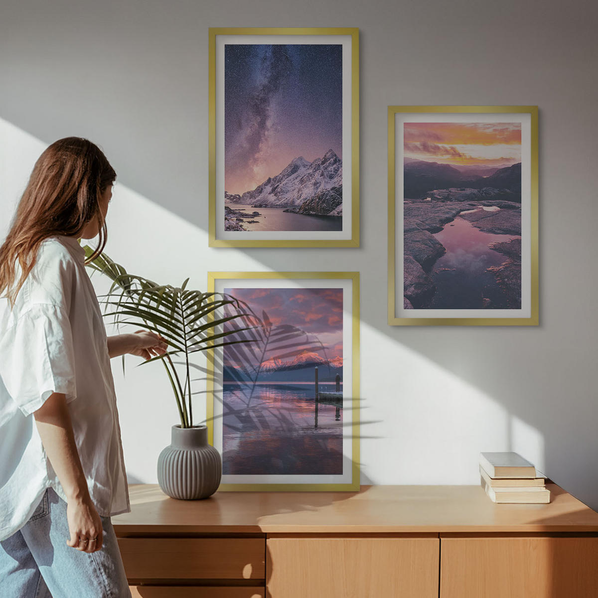 WANDBILDER 3er Set - 40x60 cm Goldrahmen - Berge, Wasser, wunderschöne Landschaften - Goldfarben, Kunststoff (40/60cm) - ArtPrintCave