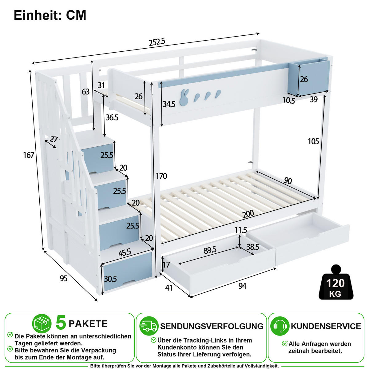 ETAGENBETT 90/200 cm & 90/200 cm in Weiß & Blau mit Schubladen, Regal und Stauraumleiter - Blau/Weiß, Holz/Holzwerkstoff (90/200cm) - CHICFURN