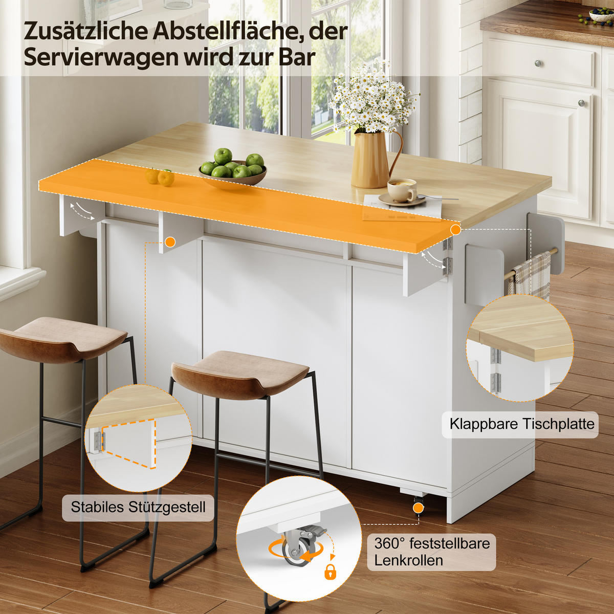 SERVIERWAGEN in Weiß Kücheninsel mit klappbarer Arbeitsplatte und Rollen für Küchen, B120/T45 (70)/H87cm - Weiß, Holzwerkstoff (120/87/70cm) - STILVORA