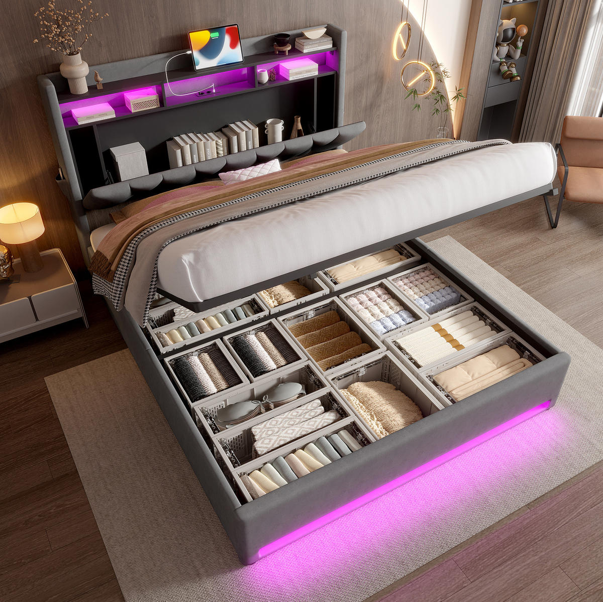 POLSTERBETT 160/200 cm dunkelgrau aus Samt mit LED, USB-C und Stauraum - Dunkelgrau, Textil (160/200cm) - OKWISH