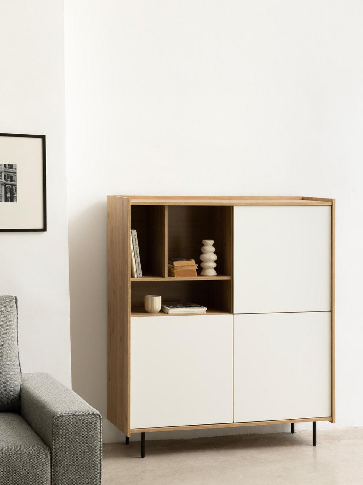 HIGHBOARD Nadine Natur - Weiß 120 cm x 138 cm - Braun, Holzwerkstoff (120/138/41cm) - Kenay Home