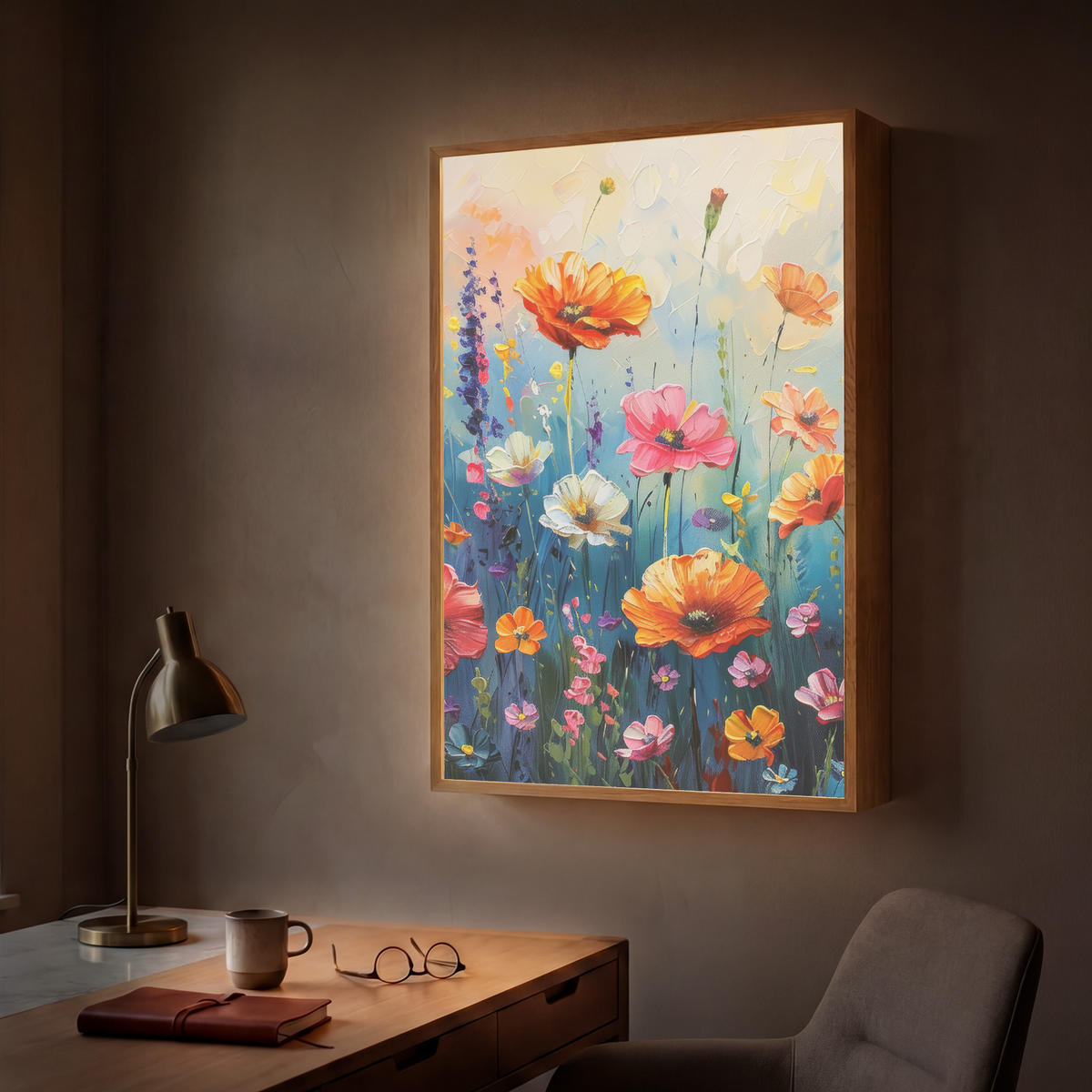 NÁSTĚNNÁ LAMPA S AKUMULÁTOREM Květiny - Příroda - Akvarel - Umění 60x90 cm - různobarevná, kompozitní dřevo (60/90/8cm) - OnlyWow