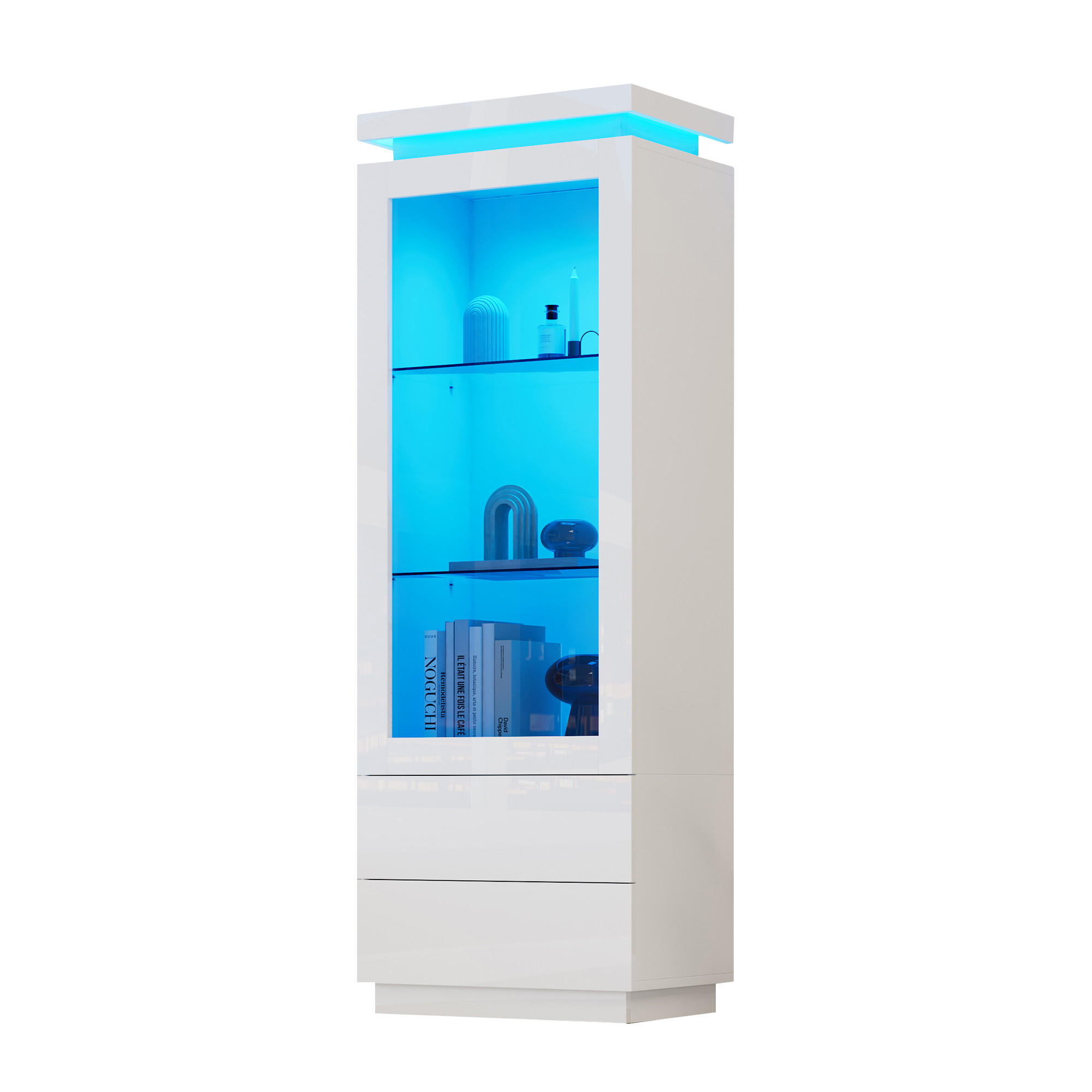 VITRINE in Weiß Hochschrank mit LED-Beleuchtung und 2 Schubladen für Wohnzimmer, B60/T40/H171cm - Transparent/Weiß, Glas/Holzwerkstoff (60/171/40cm) - STILVORA