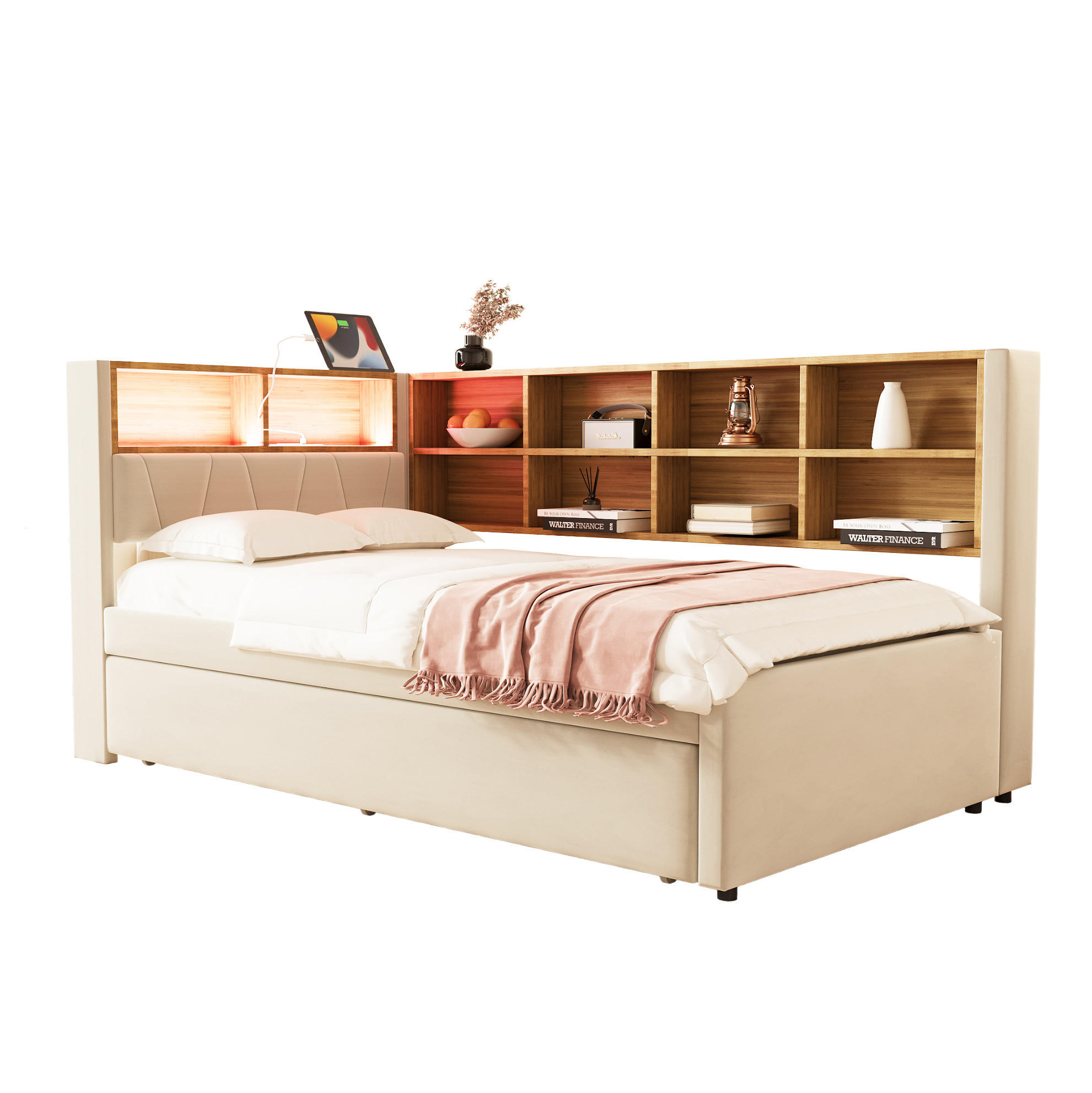 BETT 90/200 cm mit Ausziehbett, LED, Stauraum und Ladeanschlüssen - Beige, Textil (90/200cm) - BEAOK