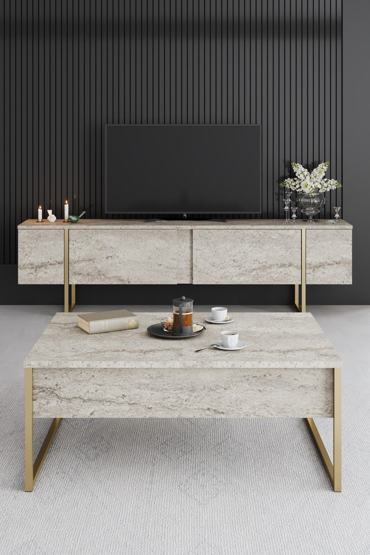 TV-MÖBEL Luxe Travertin-Gold - Beige/Goldfarben, Holz (180/50/30cm) - Habitat Garten