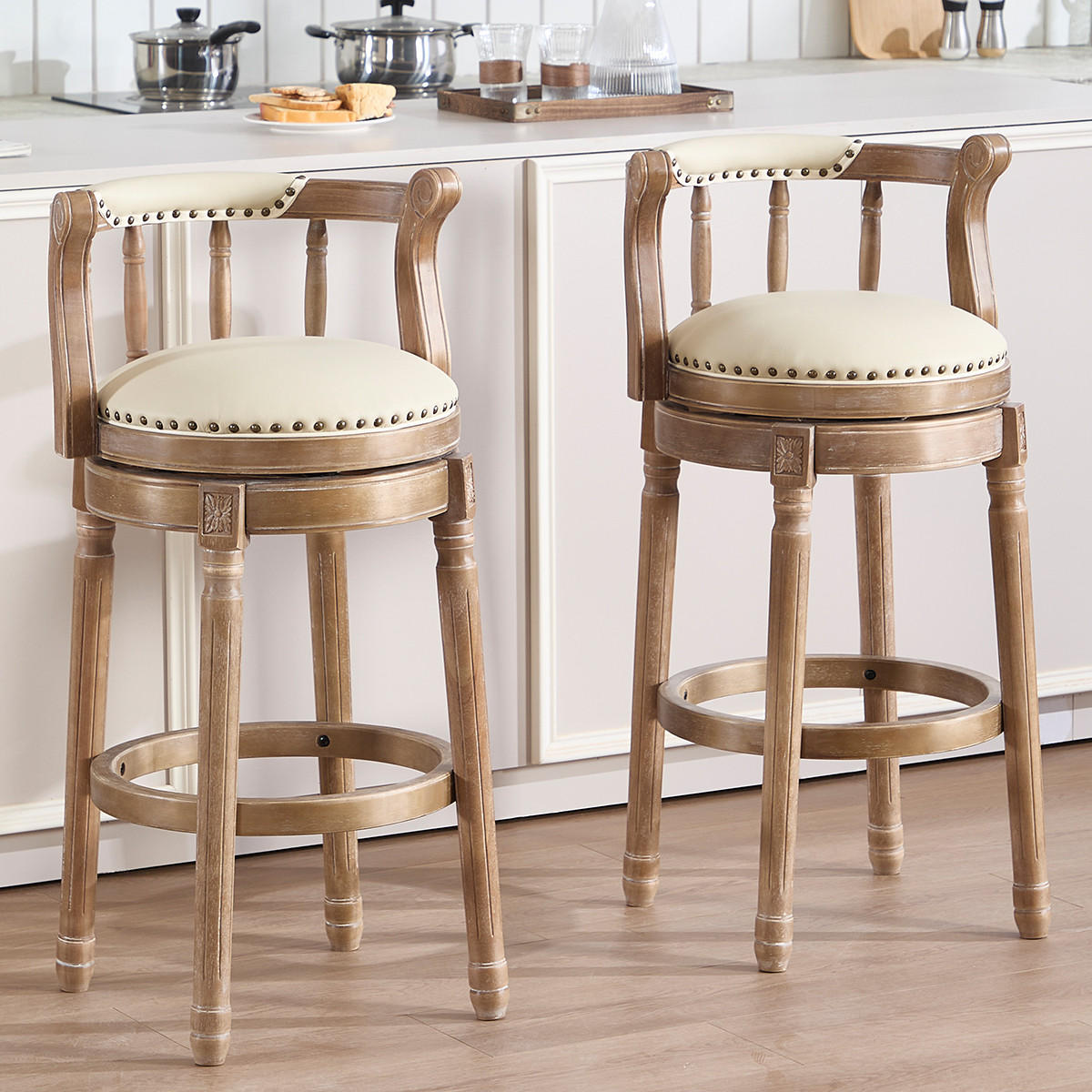 BARHOCKER 1er-Set Weiß mit Echtleder, Rückenlehne und 360° Drehfunktion - Weiß, Holz (54.8/96/54.8cm) - PANGIVO