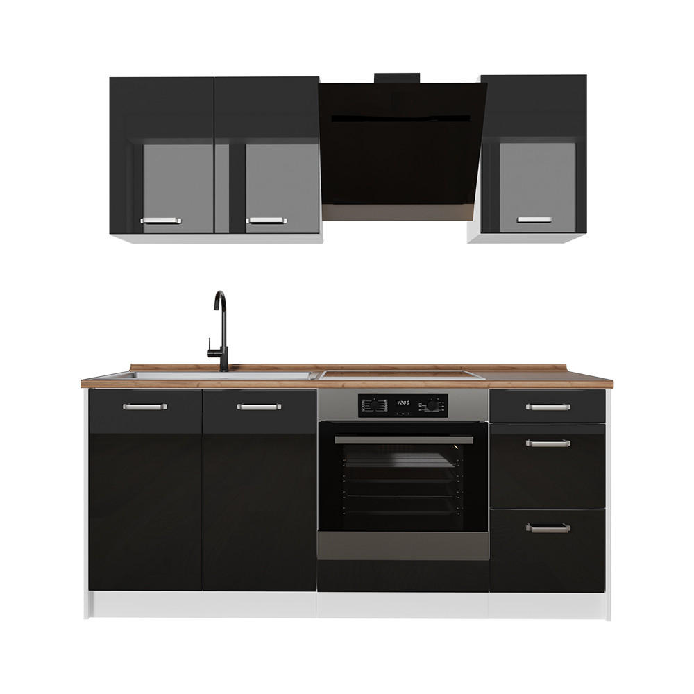 SINGLEKÜCHE R-Line, Schwarz Hochglanz/Weiß, 180 cm Arbeitsplatte Goldkraft Eiche - Schwarz Hochglanz/Weiß, Holzwerkstoff (180/206.8/60cm) - Vicco