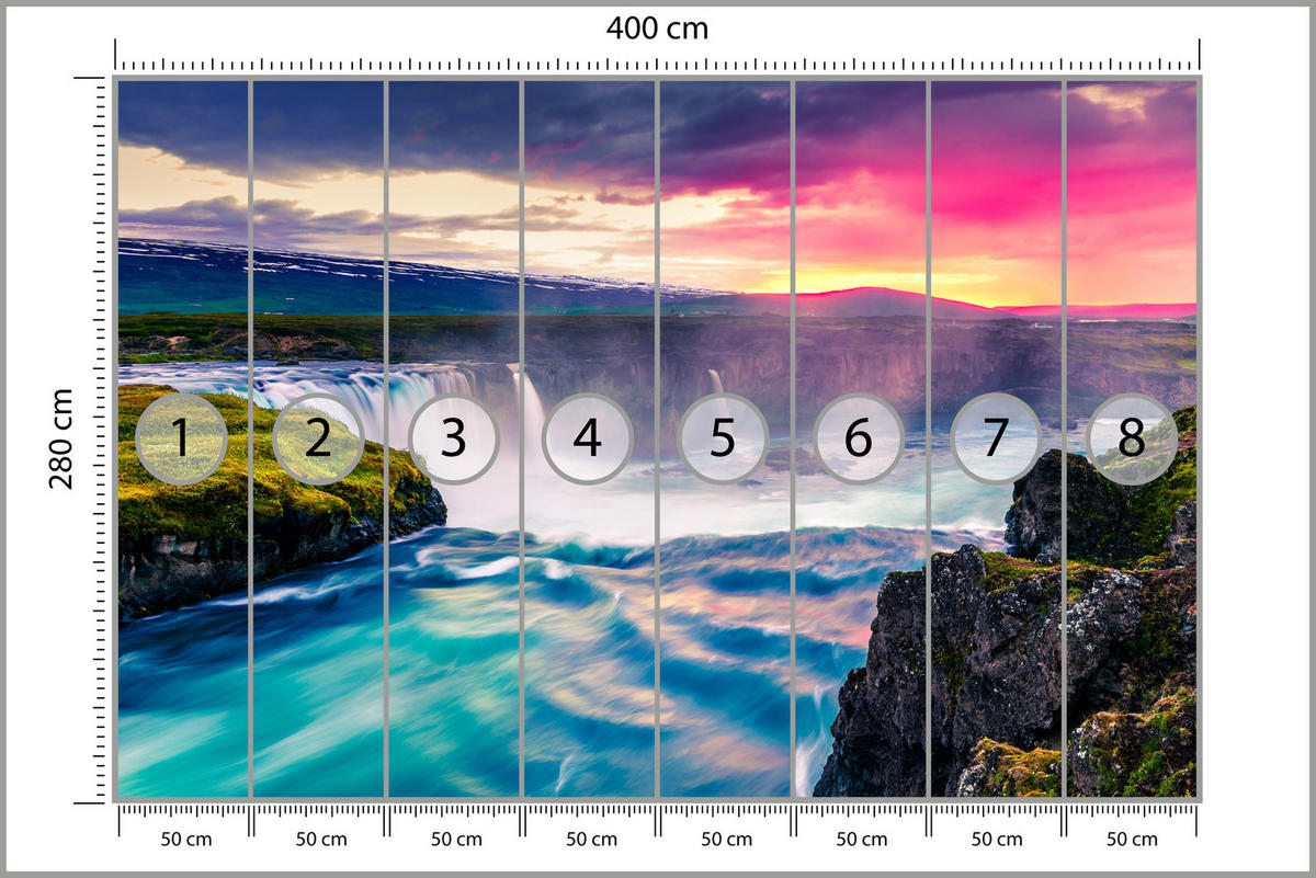 FOTOTAPETE für Esszimmer Godafoss Wasserfall Sonnenuntergang Natur 400x280 - Multicolor, Papier (400/280cm) - Muralo