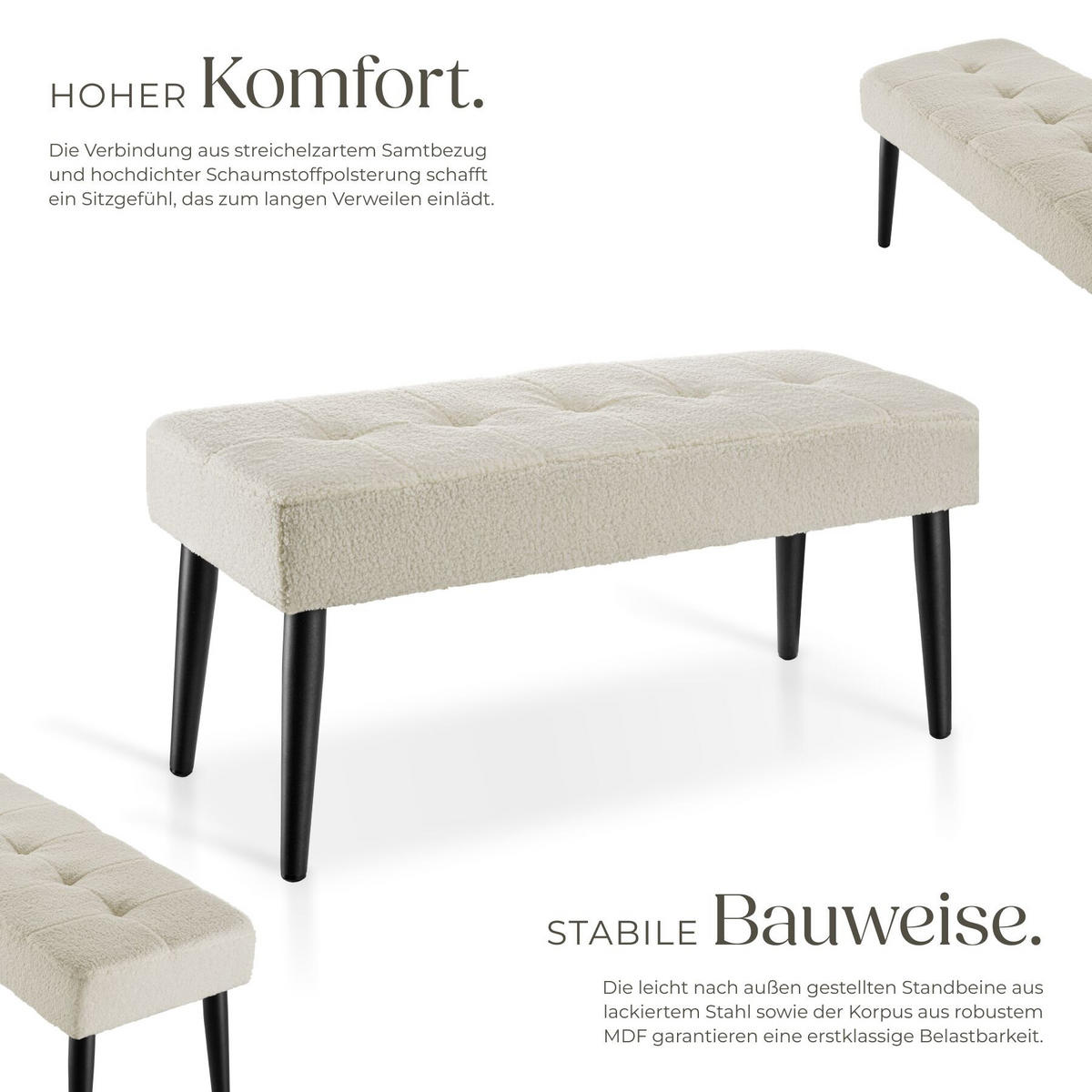 SITZBANK Glora, Belastbarkeit 220 kg, 95 x 38 x 45 cm, Bouclé creme - Creme, Holz (95/45/38cm) - tectake