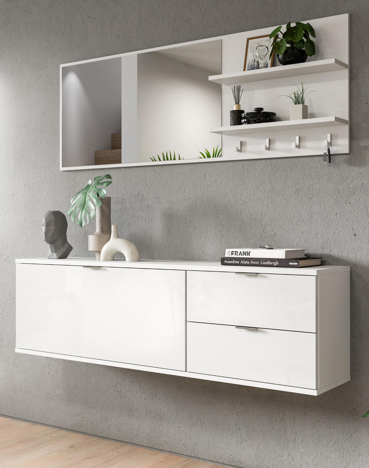 GARDEROBE Set 4-teilig weiß Hochglanz 144 cm, Garderobenkombination mit Spiegel hängend - Chromfarben/Weiß Hochglanz, Holzwerkstoff/Kunststoff (144/193/34cm) - Inn.Furn