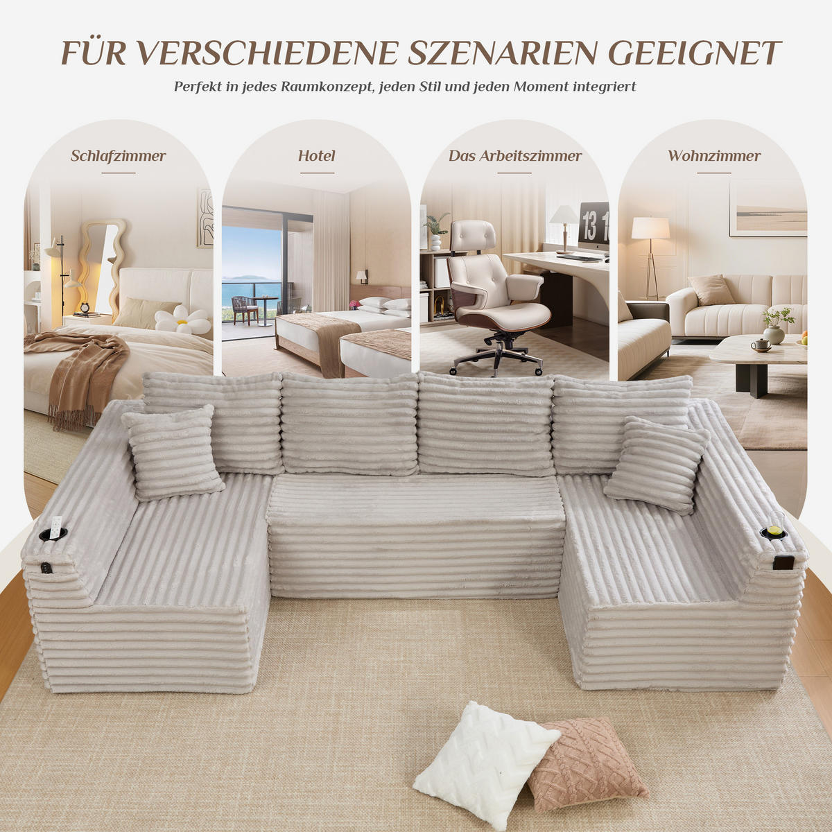 WOHNLANDSCHAFT 320/155/88 cm Hellgrau mit Getränkehalter und Seitentasche - Hellgrau, Textil (320/88/155cm) - Oxeza