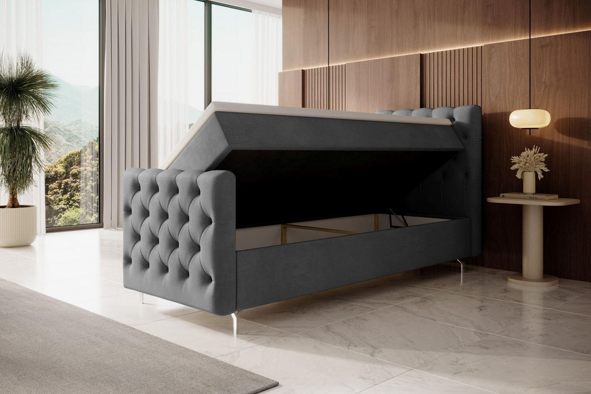 BOXBETT CHESTER PLUS mit Matratze H3, Bonell und Topper 80x200 Monolith 92 Rechts - Grau, Textil (80/200cm) - Bedante