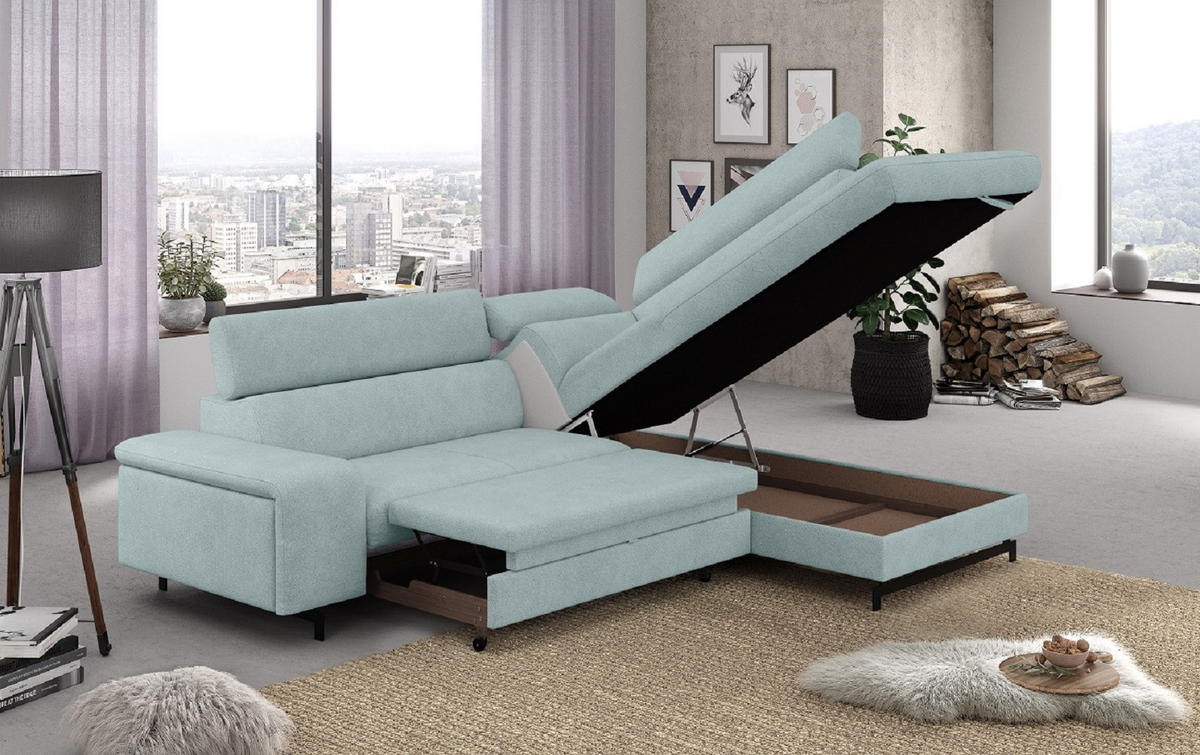 ECKSOFA mit Schlaffunktion und Bettkasten - Türkis/Schwarz, Kunststoff/Textil (215/262cm) - Cotta