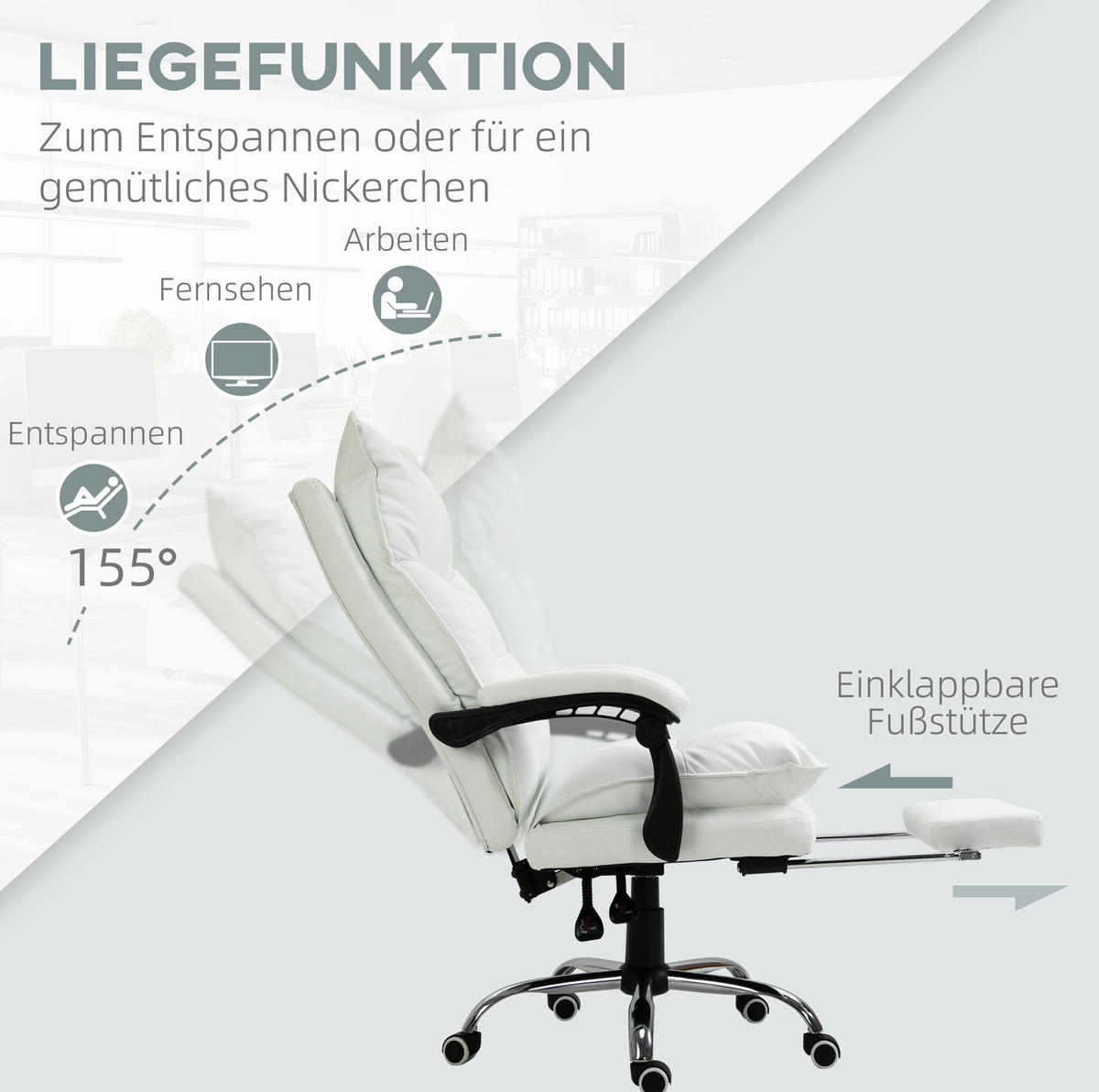 BÜROSTUHL in Weiß 72x66x130 cm mit Fußstütze und verstellbarer Rückenlehne - Weiß, Metall (66/130/72cm) - IVMEU