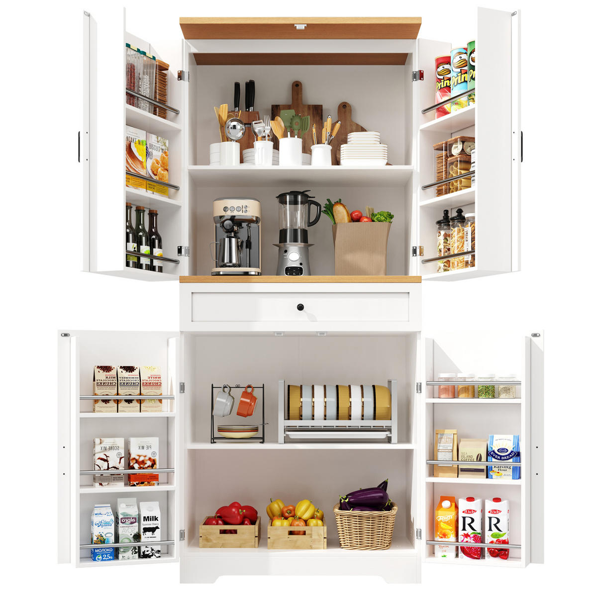 HOCHSCHRANK aus MDF in Weiß mit Holzoptik-Tischplatte, Schubladen und offenen Snack-Regalen, 80/40/180 cm, Weiß - Weiß, Holzwerkstoff (80/180/40cm) - Redom