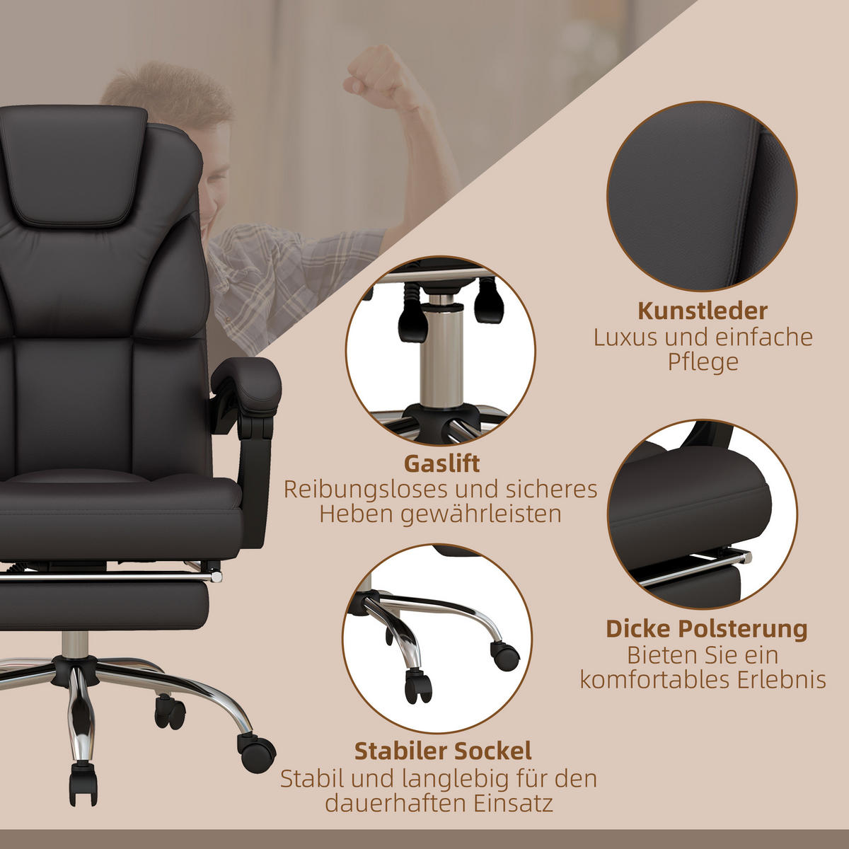 BÜROSTUHL mit Massagefunktion, Schwarz - Braun, Leder (57/126/63cm) - Vinsetto