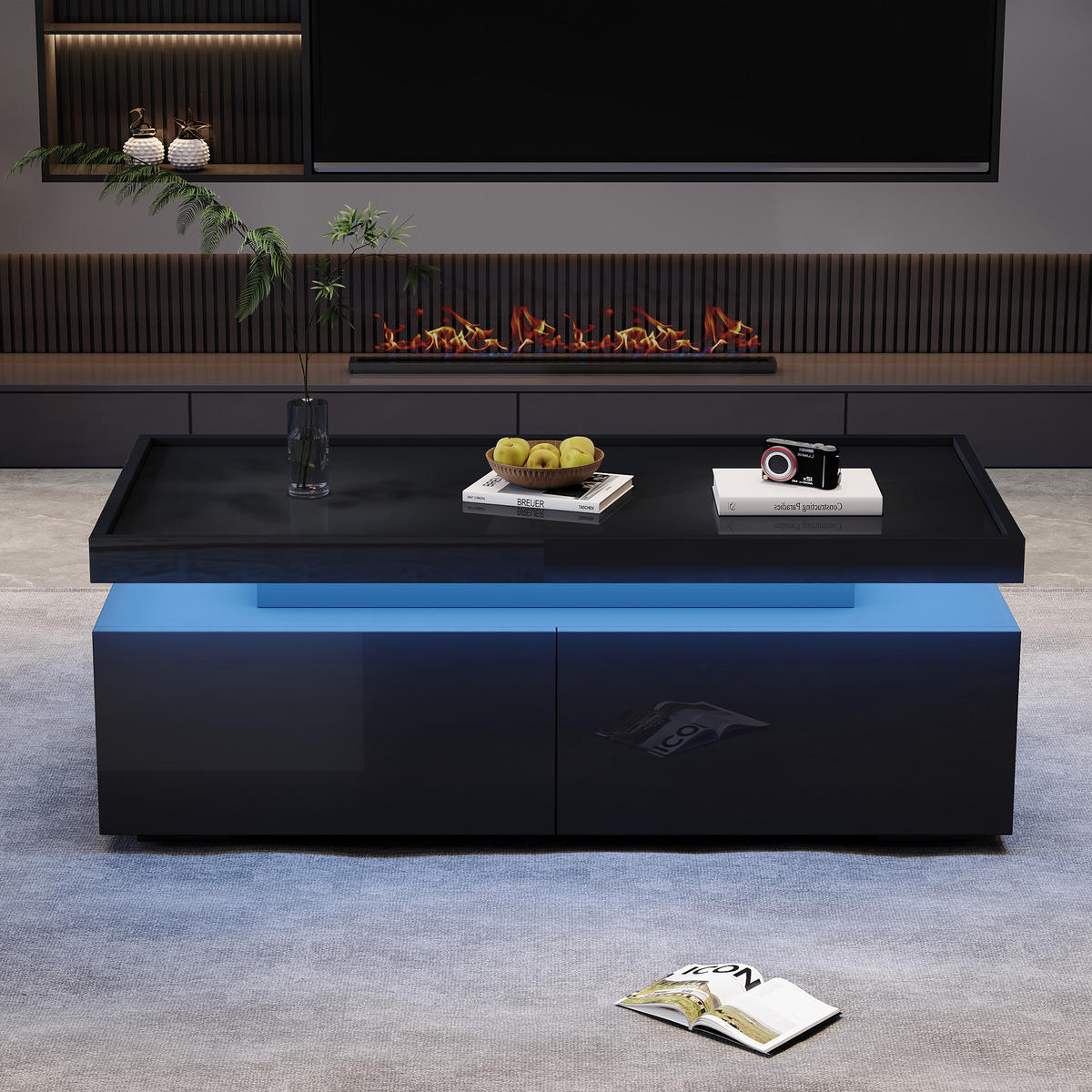 COUCHTISCH 95x45x35cm Schwarz-Hochglanz LED-App-Steuerung 2-Schubladen - Schwarz, Holz (111/54.28/16.08cm) - Raelunyi