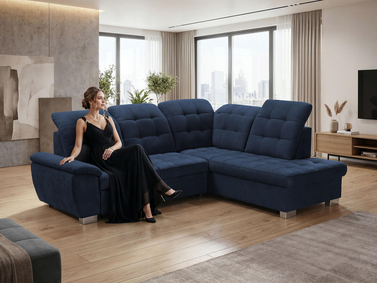 ECKSOFA LENO Rechts, mit Schlaffunktion und Bettkasten, Marineblau - Dunkelblau, Kunststoff/Textil (261/220cm) - Idohome