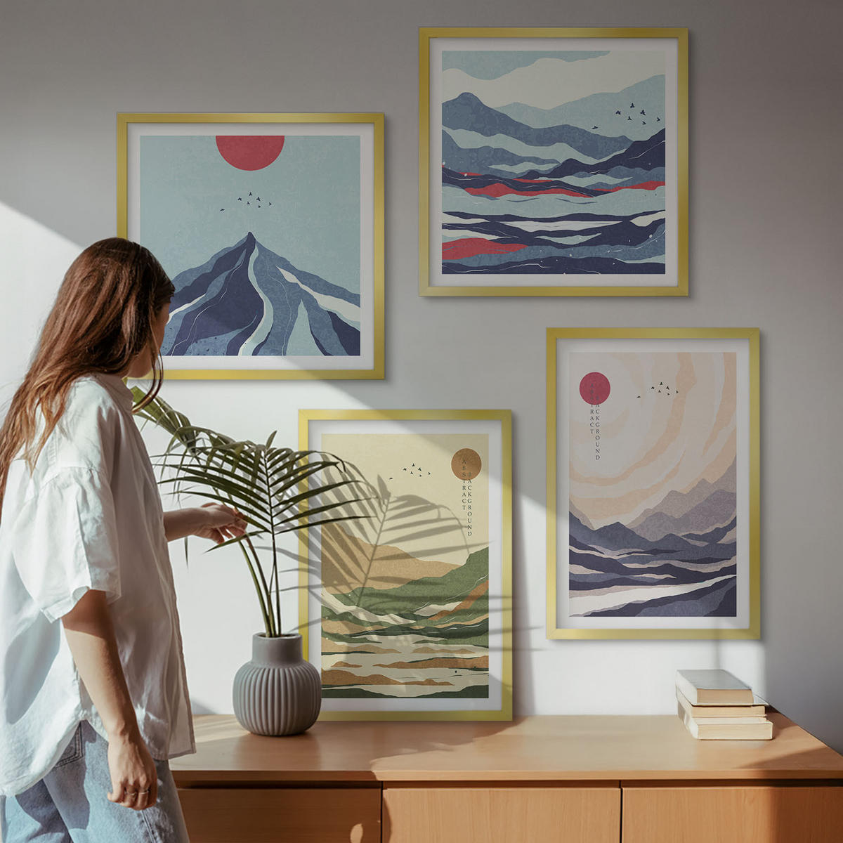 WANDBILDER 4er Set - 50x50 cm & 40x60 cm Goldrahmen - Pastellfarbene Berge im Japandi-Stil - Goldfarben, Kunststoff (50/50cm) - ArtPrintCave