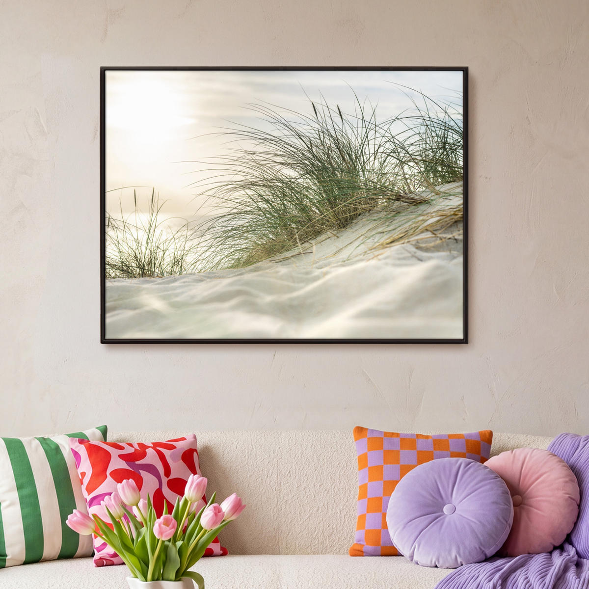 LEINWAND Bilder mit Rahmen - Dünen mit Strandhafer in der Sonne des Nationalparks Schleswig-Holsteinisches Wattenmeer - 100x70 - Creme, Textil (100/70cm) - MuchoWow