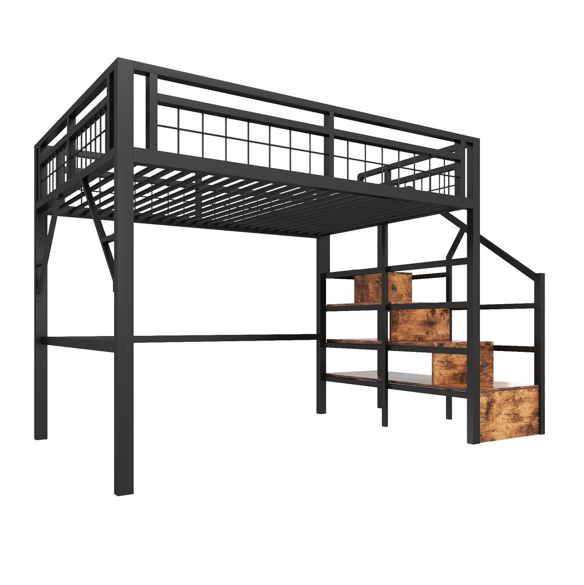 HOCHBETT 140/200 cm aus Metall mit LED-Beleuchtung und Stauraumtreppe - Schwarz, Metall (140/200cm) - Flora Grace