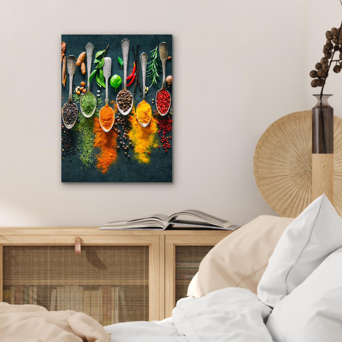 KOVOVÝ OBRAZ Bylinky - korenie - lyžičky 30x40 cm - kari žltá, kov (30/40cm) - MuchoWow