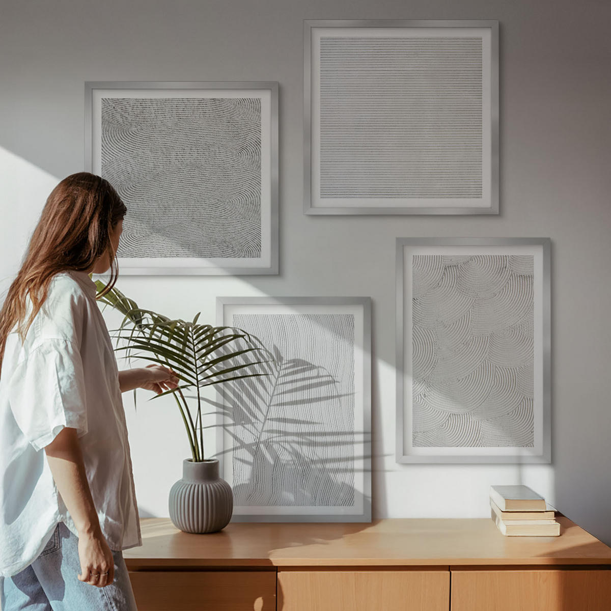WANDBILDER 4er Set - 50x50 cm & 40x60 cm Silberner Rahmen - Sandmuster geometrische Strukturen - Silberfarben, Kunststoff (50/50cm) - ArtPrintCave