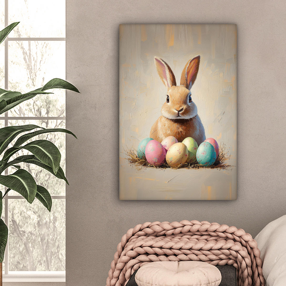 LEINWANDBILD Osterhase - Pastell - Eier Wanddeko Schlafzimmer 60x90 cm - Beige, Textil (60/90cm) - MuchoWow