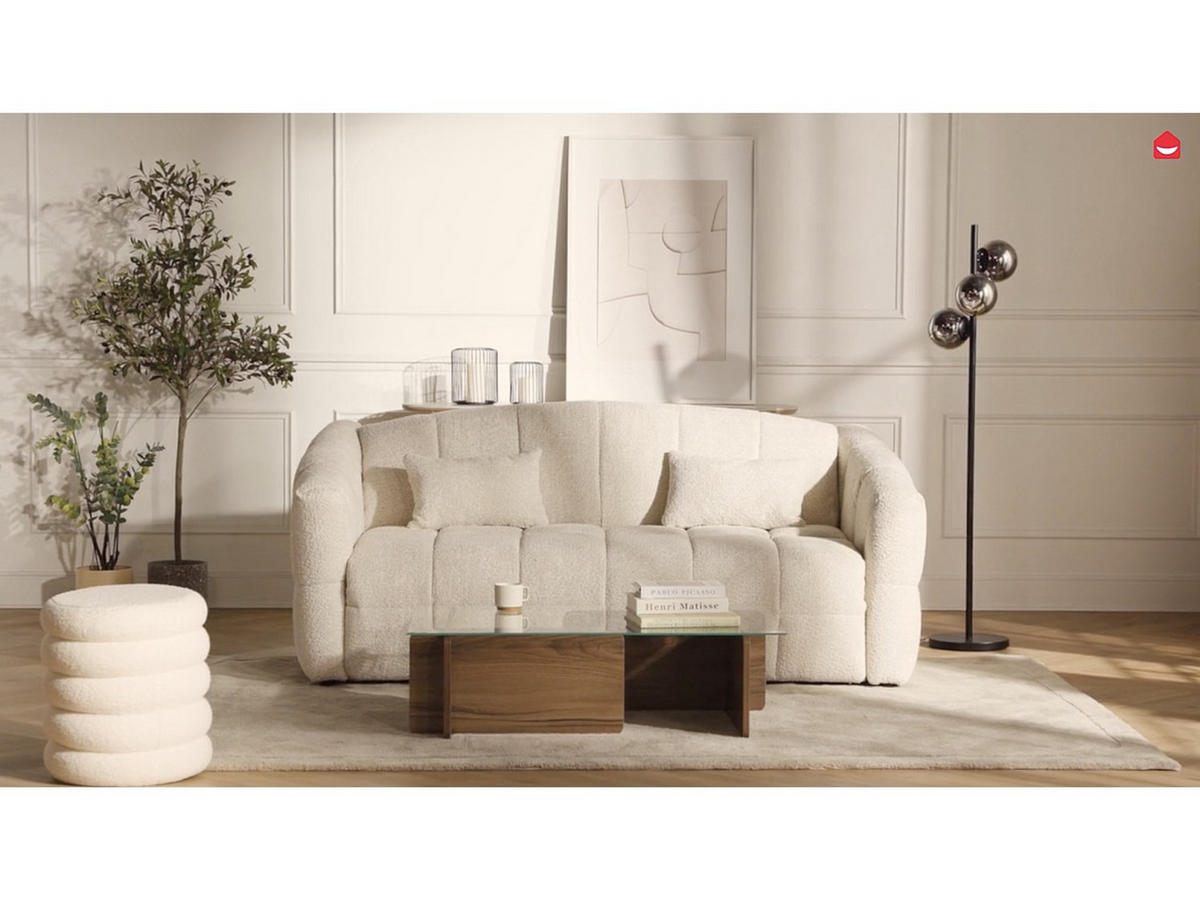 SCHLAFSOFA 3-Sitzer - Bouclé-Stoff - Beige - Liegefläche 140 cm - Matratze 16 cm - RETUNA - Beige, Textil (200/90/208cm) - Vente-Unique