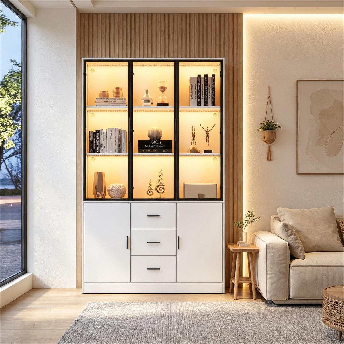 KÜCHENSCHRANK MIT LED BELEUCHTUNG 120/200/30 cm, Spanplatte und Glas, Weiß matt, Highboard mit 3 Schubladen für Wohnzimmer - Weiß, Holzwerkstoff (30/200/120cm) - Rolipo