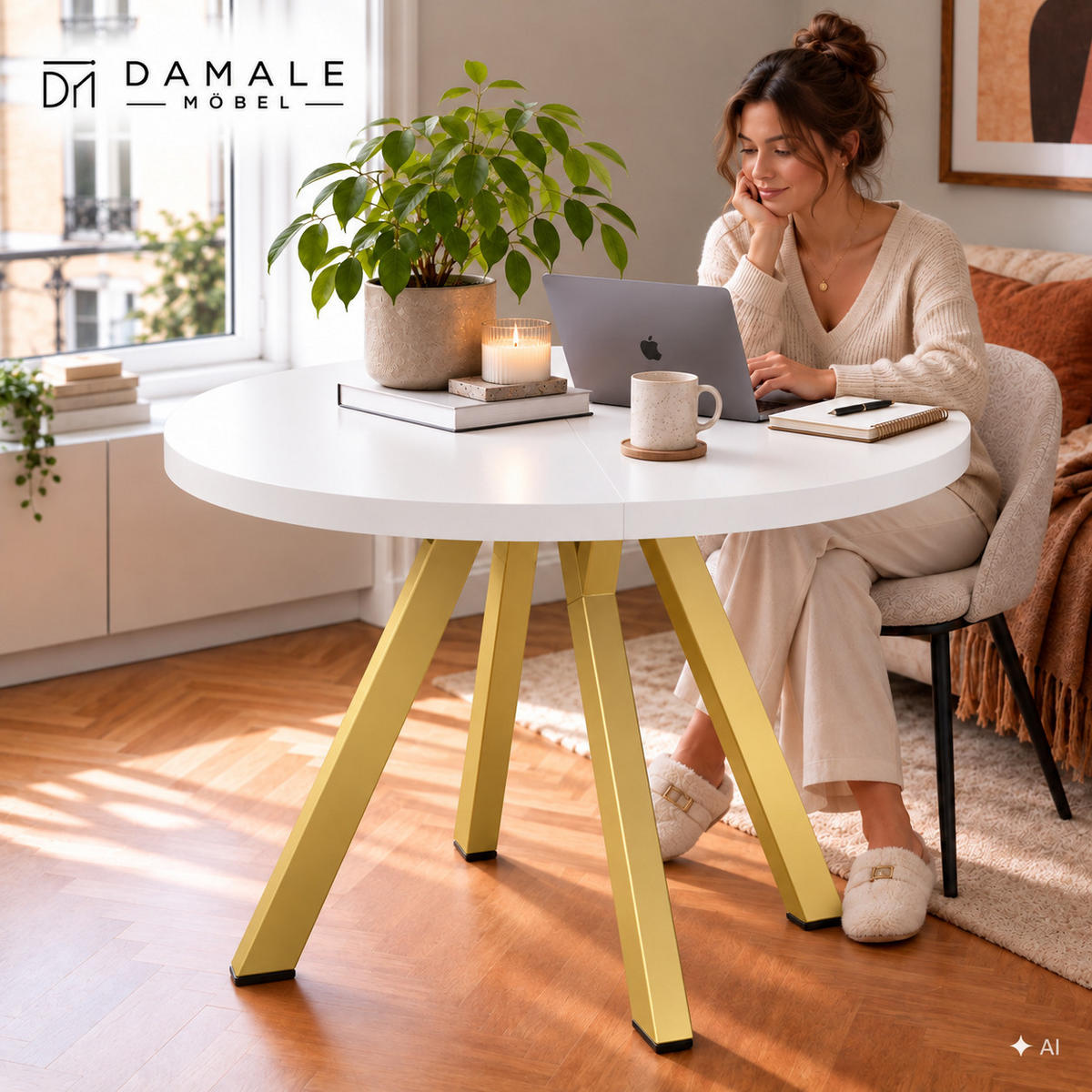 ESSTISCH rund ausziehbar 90/190/76 cm, Weiß, 54 cm Tischplatte + Y Metallgestell Gold - Goldfarben/Weiß, Holzwerkstoff/Metall (90/190/76cm) - Damale Möbel