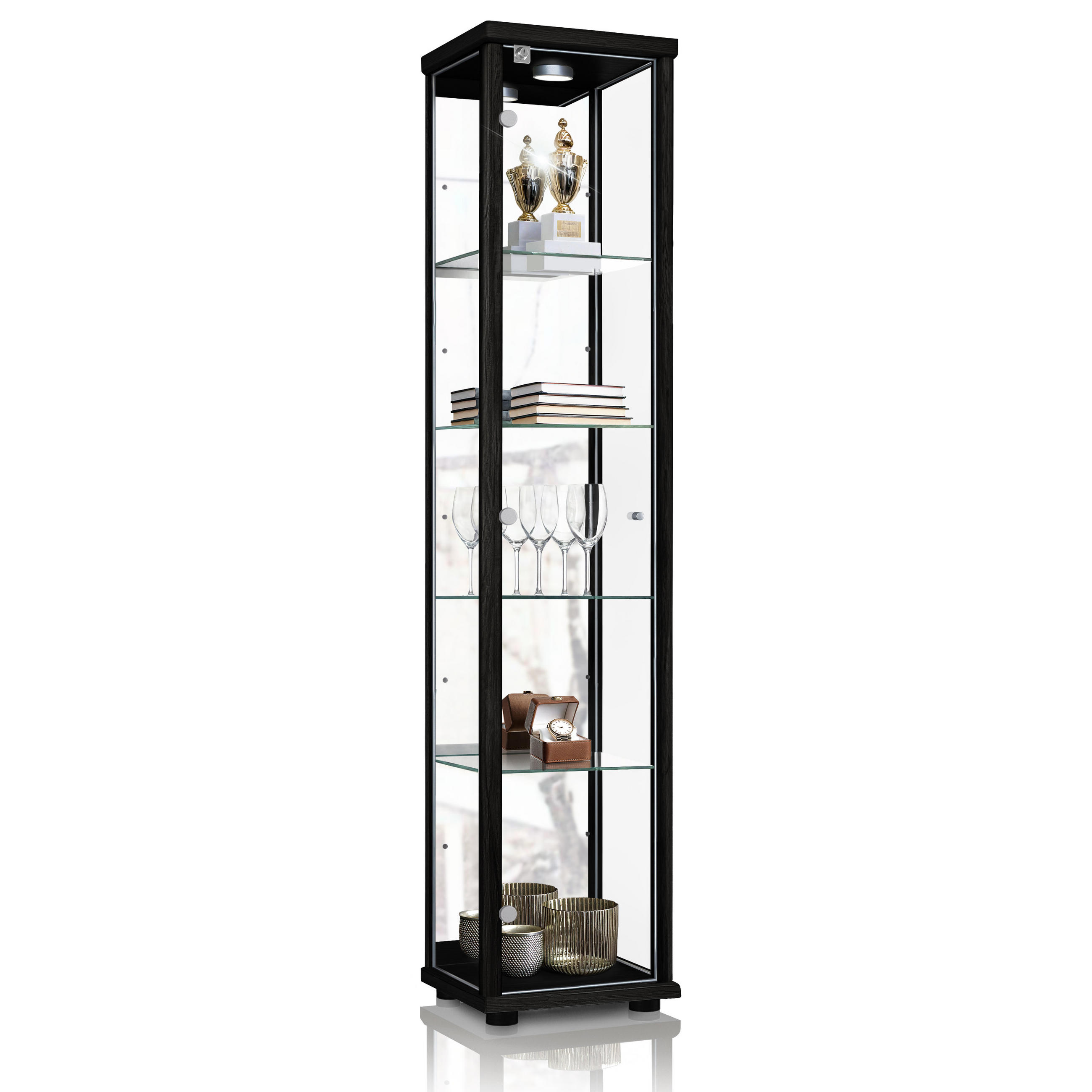 Glas Vitrine Mit LED Beleuchtung - 164cm Weiß Mit Spiegel