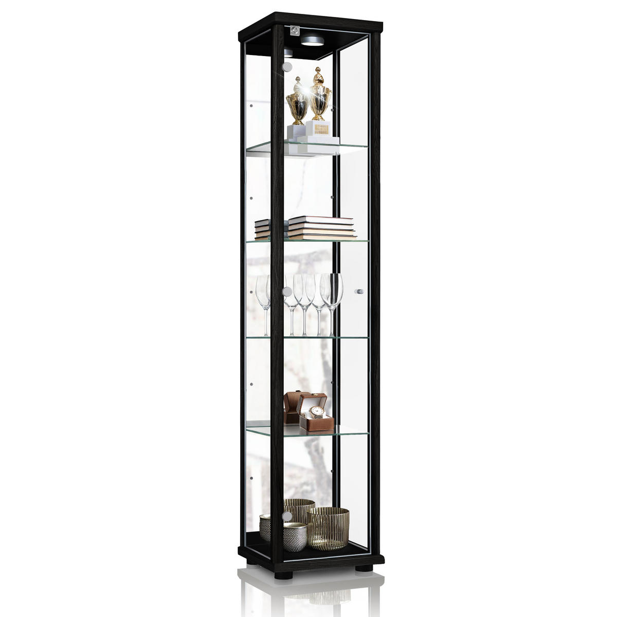 GLASVITRINE 33/37/176 cm mit Spiegel, LED, Schloss & 4 höhenverstellbaren Glasböden - Transparent/Silberfarben, Glas/Holzwerkstoff (37/176/33cm) - K-Möbel